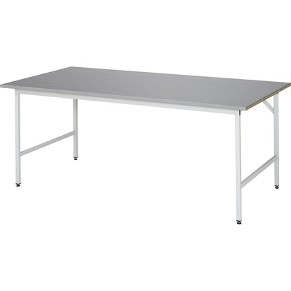 Work table, height adjustable, frame 30 x 30 mm, stainless steel panel, WxD 2000 x 1000 mm.