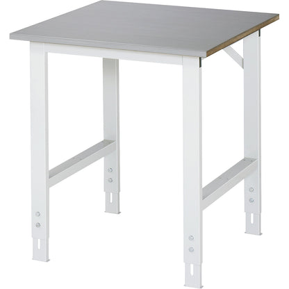 Work table, height adjustable, frame 60 x 30 mm, stainless steel panel, WxD 750 x 800 mm.