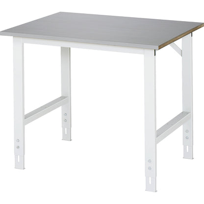 Work table, height adjustable, frame 60 x 30 mm, stainless steel panel, WxD 1000 x 800 mm.