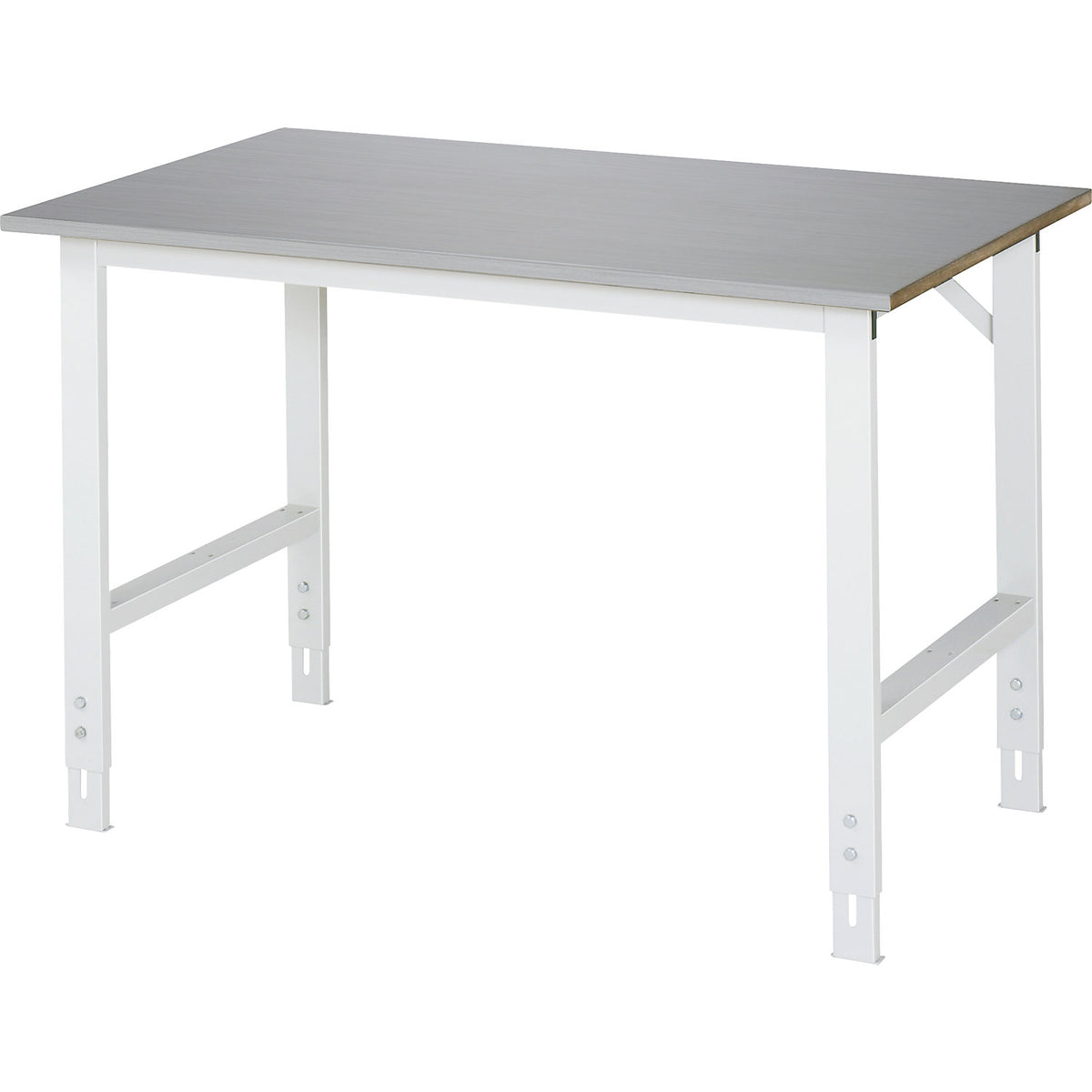 Work table, height adjustable, frame 60 x 30 mm, stainless steel panel, WxD 1250 x 800 mm.