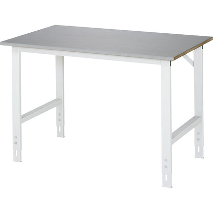 Work table, height adjustable, frame 60 x 30 mm, stainless steel panel, WxD 1250 x 800 mm.