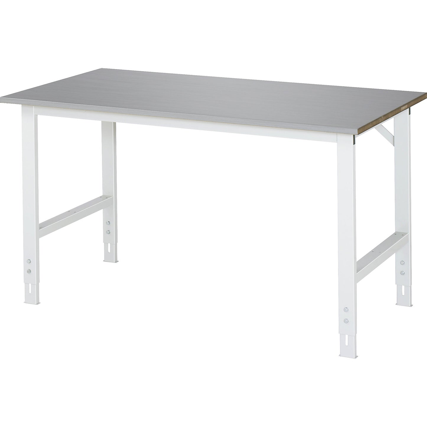 Work table, height adjustable, frame 60 x 30 mm, stainless steel panel, WxD 1500 x 800 mm.