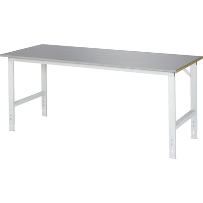 Work table, height adjustable, frame 60 x 30 mm, stainless steel panel, WxD 2000 x 800 mm.