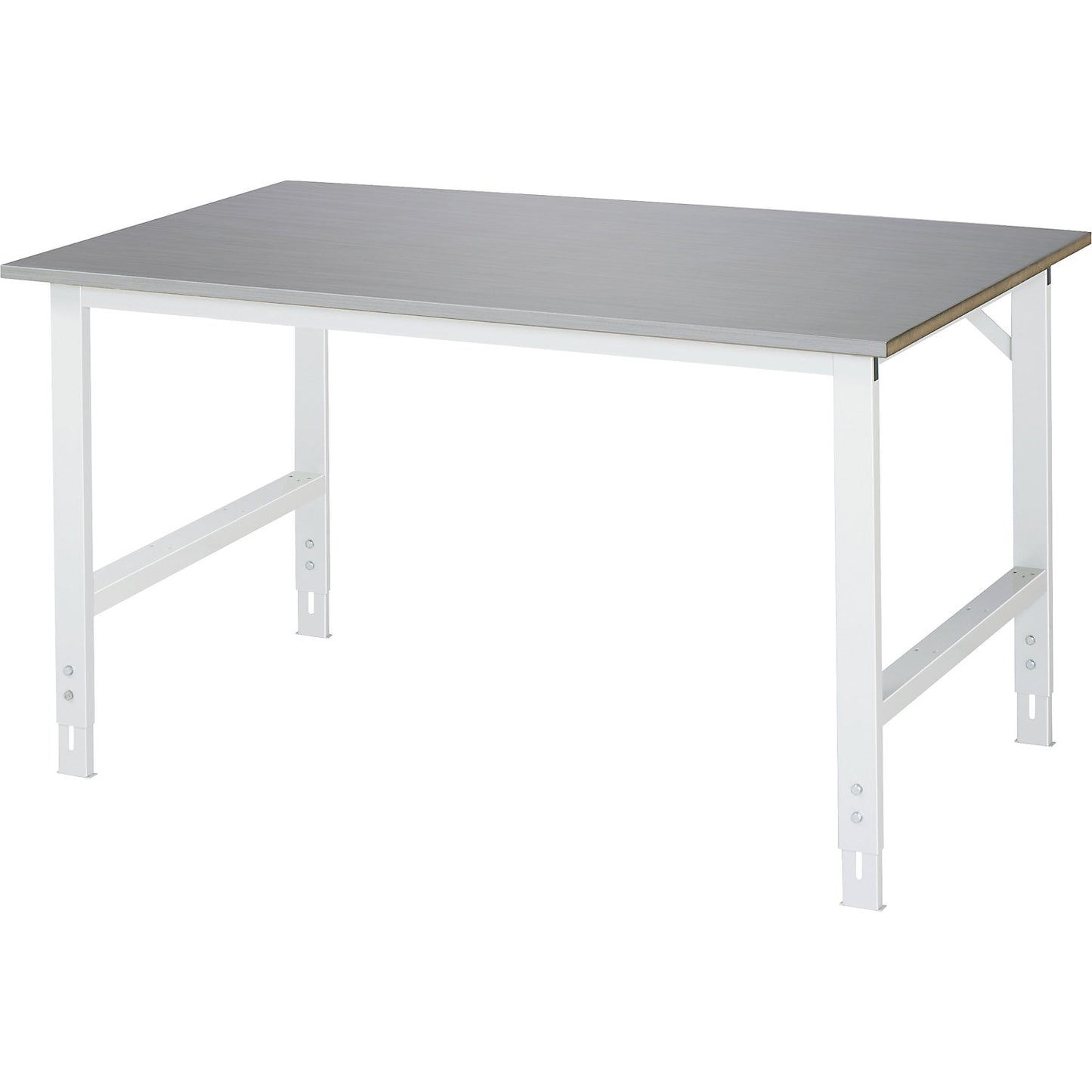 Work table, height adjustable, frame 60 x 30 mm, stainless steel panel, WxD 1500 x 1000 mm.
