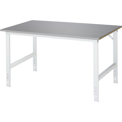 Work table, height adjustable, frame 60 x 30 mm, stainless steel panel, WxD 1500 x 1000 mm.