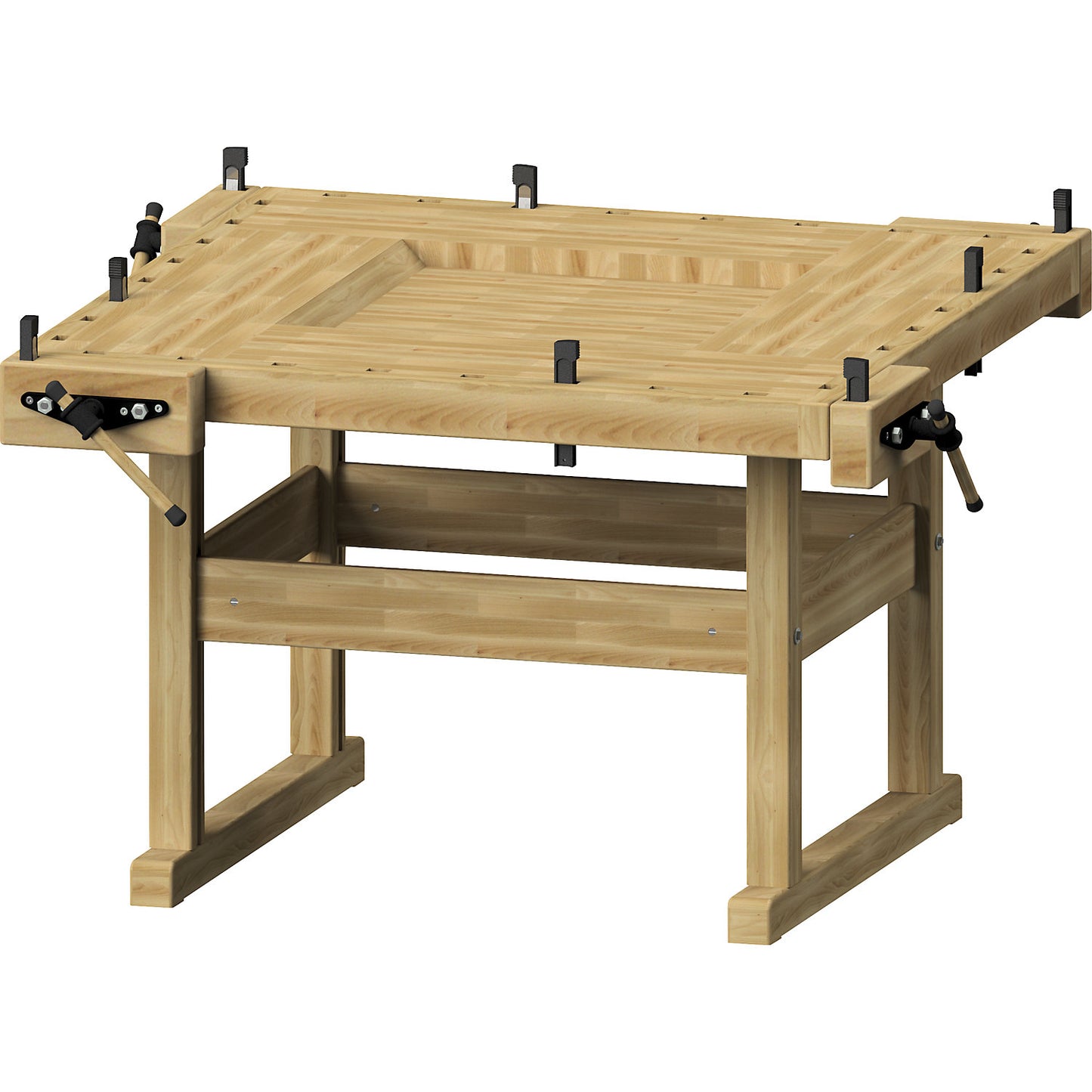 Planing bench with 4 workplaces, with 4 pairs of rectangular bench dogs, HxWxD 880 x 1620 x 1620 mm.