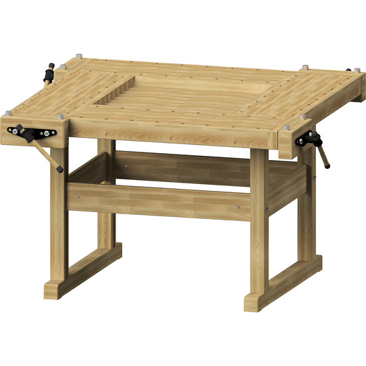 Planing bench with 4 workplaces, with 8 pairs of aluminium round bench dogs, HxWxD 880 x 1620 x 1620 mm.