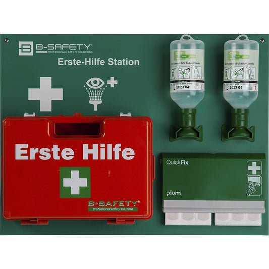 First aid station, STANDARD No. 1, incl. eye wash bottle wall box, plasters, first aid kit.