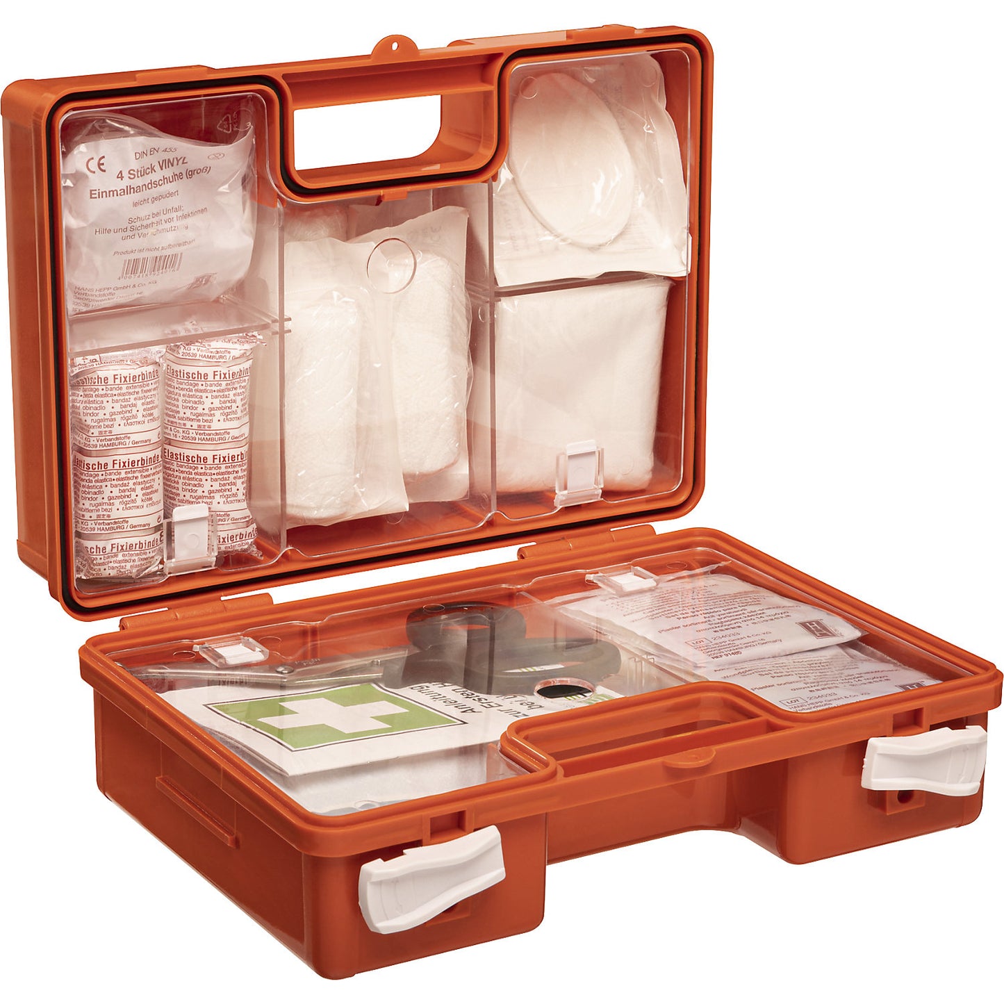 First aid case, DIN 13157 compliant, with contents, 85 pieces, orange.