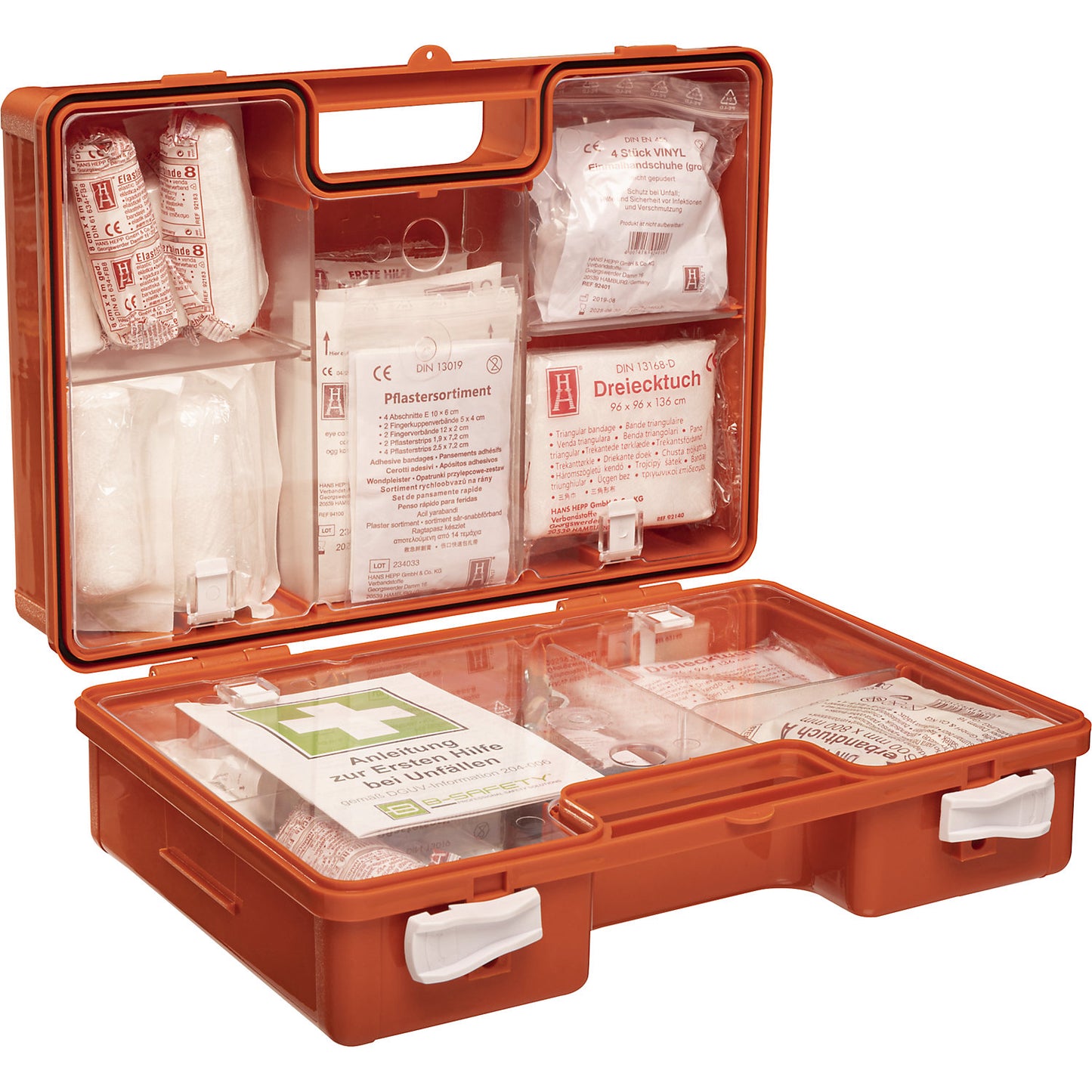 First aid case, DIN 13169 compliant, with contents, 167 pieces, orange.