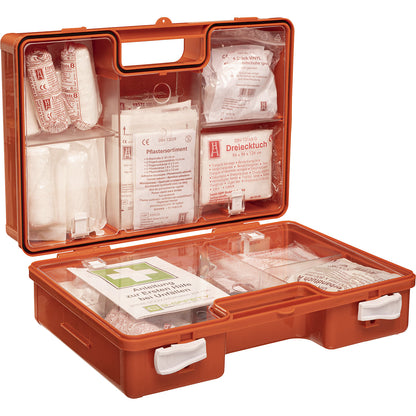 First aid case, DIN 13169 compliant, with contents, 167 pieces, orange.