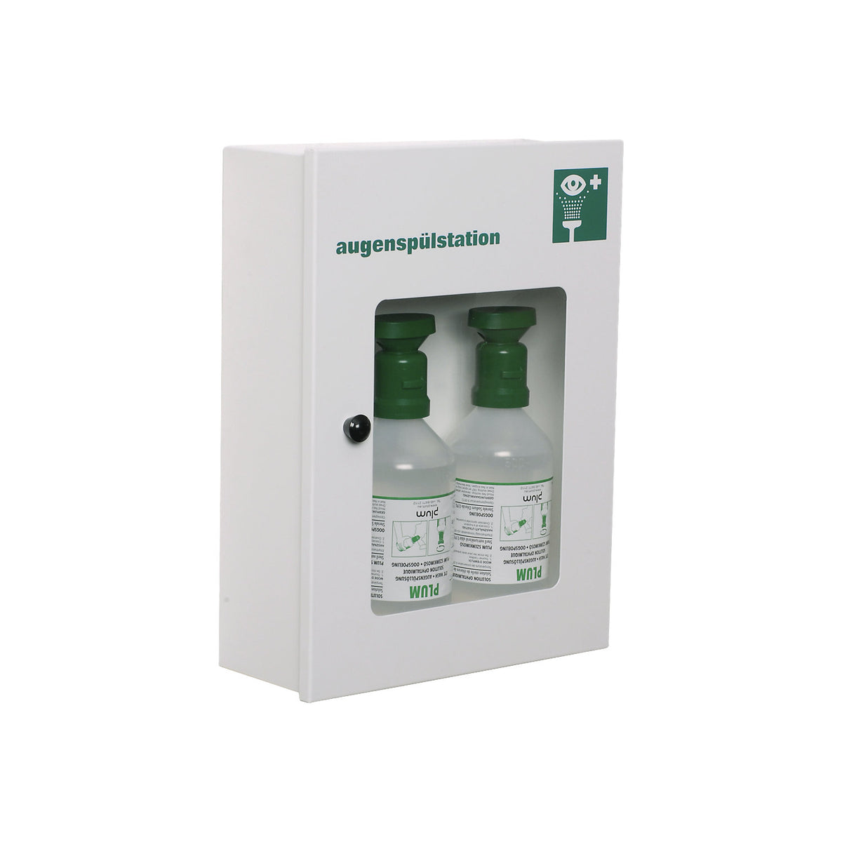 Eye wash cabinet, with 2 x 500 ml eye wash bottles, white.