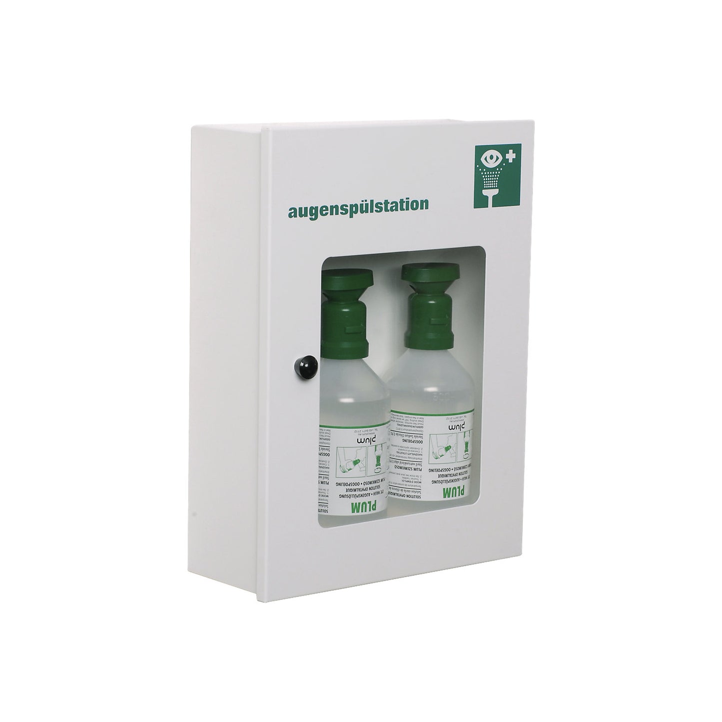 Eye wash cabinet, with 2 x 500 ml eye wash bottles, white.