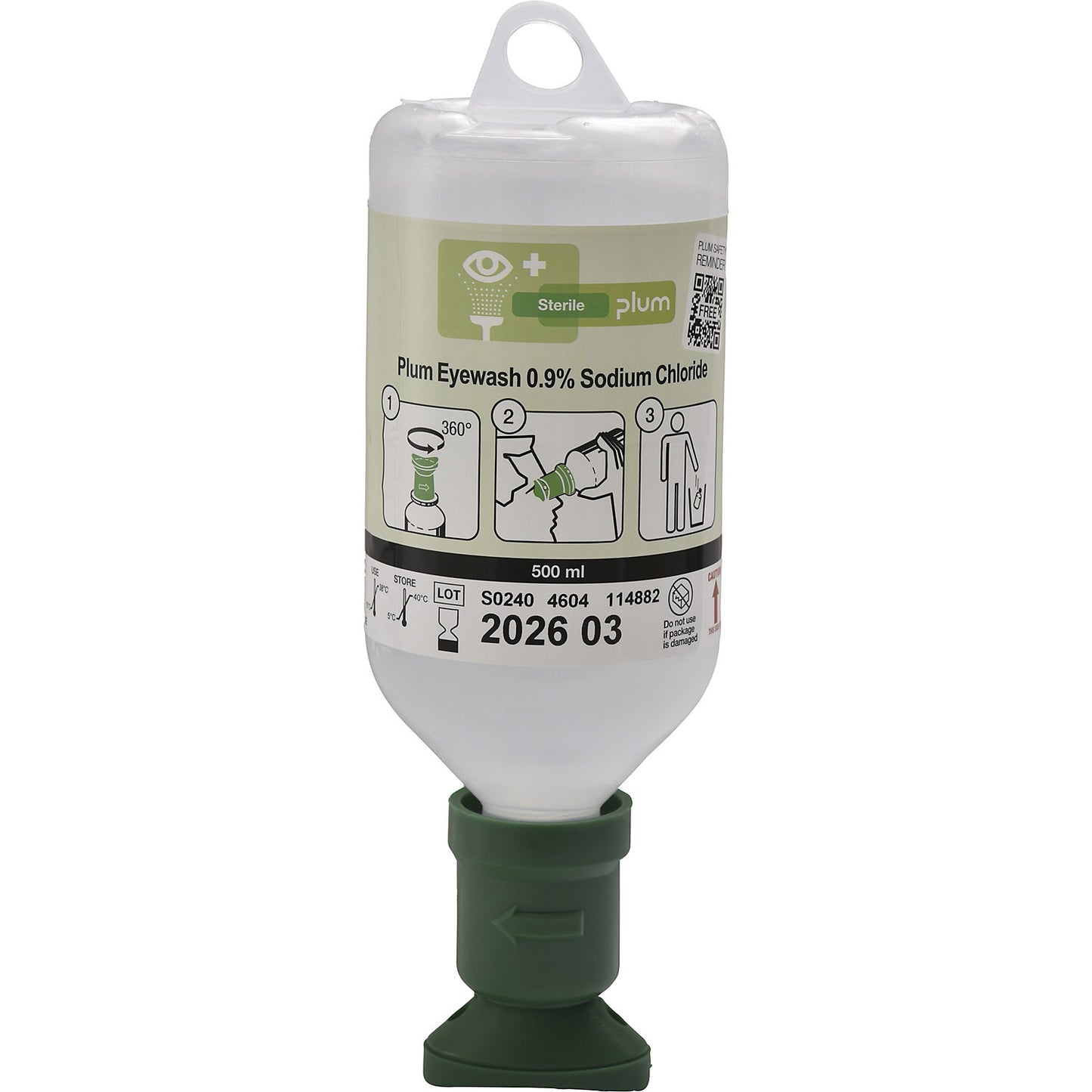 Eye wash bottle 0.9% NaCl, pack of 3 x 500 ml bottles, with eye cup.