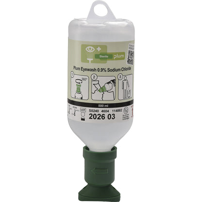 Eye wash bottle 0.9% NaCl, pack of 3 x 500 ml bottles, with eye cup.