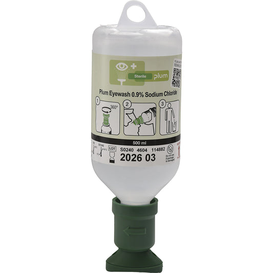 Eye wash bottle 0.9% NaCl, pack of 3 x 500 ml bottles, with eye cup.