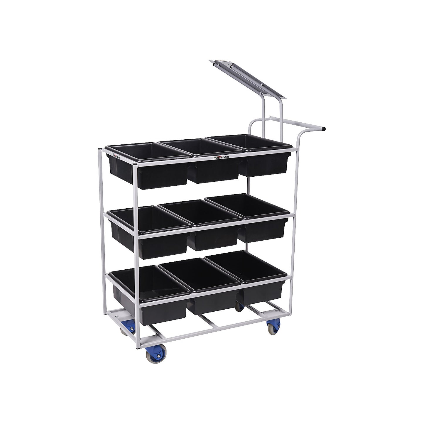 Order picking trolley, grey, for 9 x 14 litre containers.
