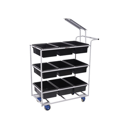 Order picking trolley, grey, for 9 x 14 litre containers.