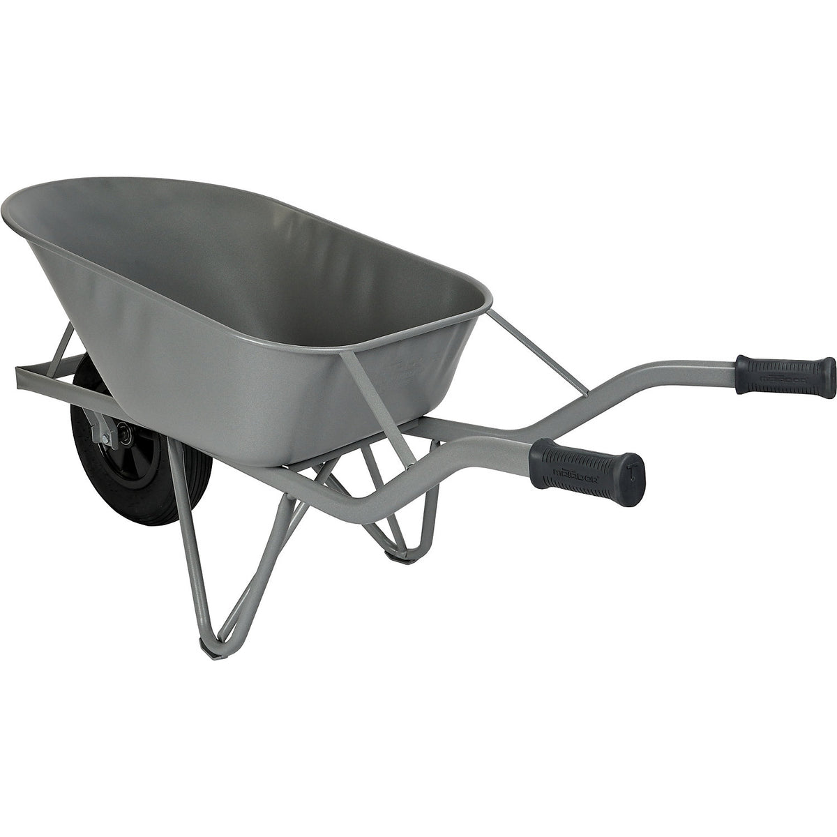 Entry-level wheelbarrow, with a frame made of oval tubing, 4-ply pneumatic tyres.