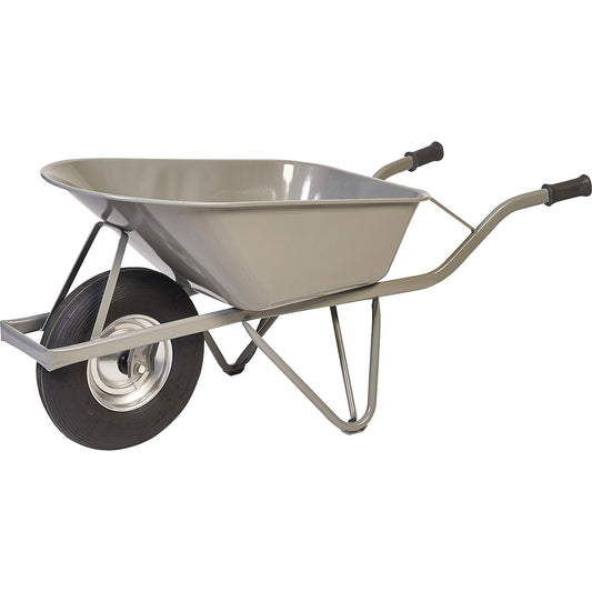 Entry-level wheelbarrow, with a frame made of oval tubing, 4-ply pneumatic tyres.