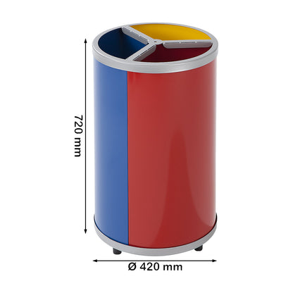 Recyclable waste collector, round, capacity 3 x 30 l, HxØ 720 x 420 mm, yellow, blue, red.