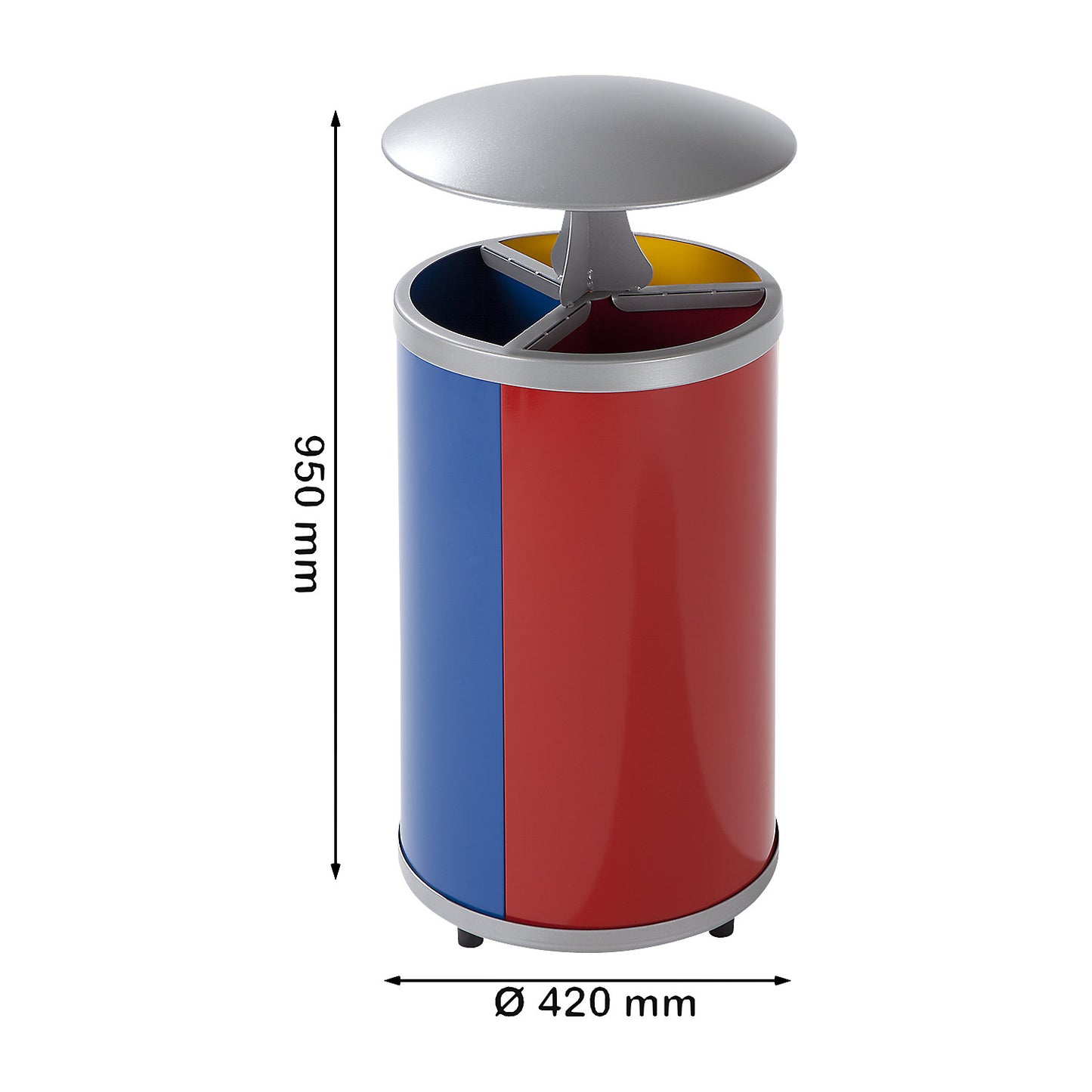 Recyclable waste collector, round, capacity 3 x 30 l, HxØ 950 x 420 mm, with hood, yellow, blue, red.