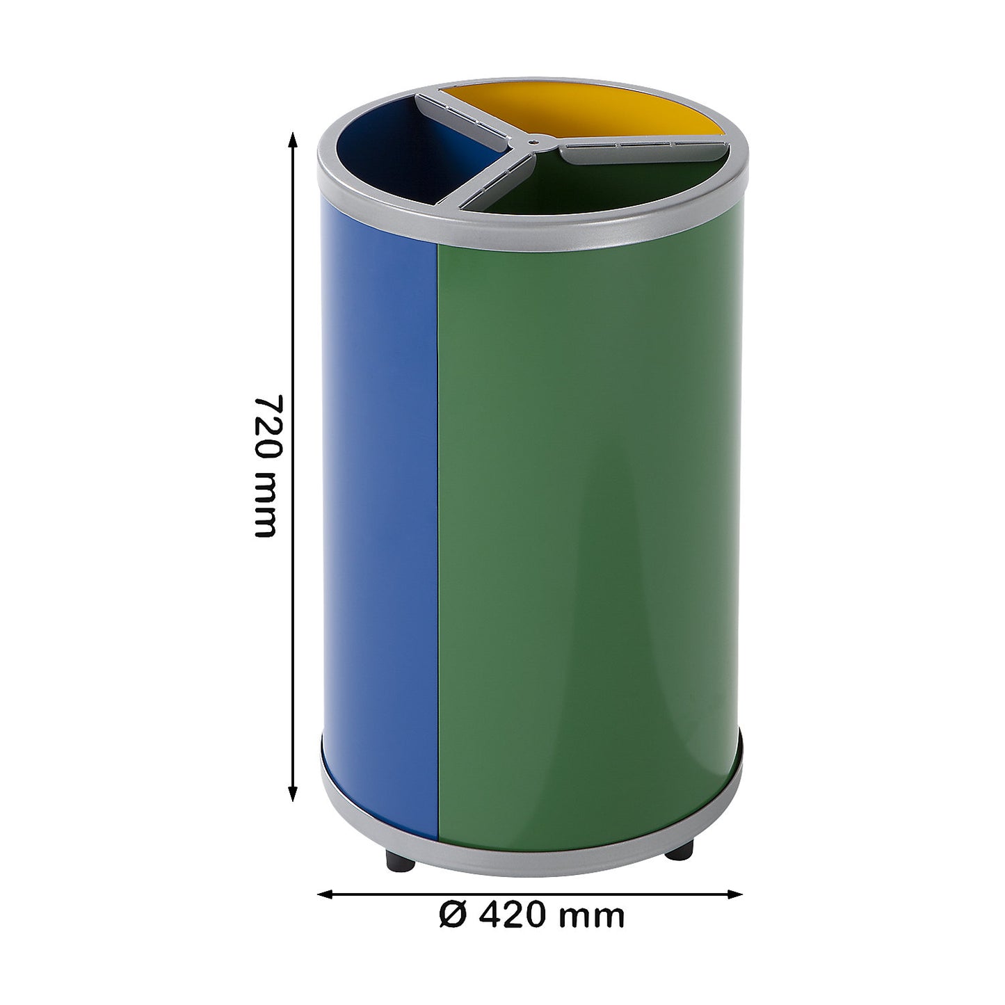 Recyclable waste collector, round, capacity 3 x 30 l, HxØ 720 x 420 mm, yellow, blue, green.