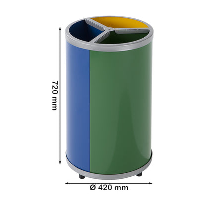 Recyclable waste collector, round, capacity 3 x 30 l, HxØ 720 x 420 mm, yellow, blue, green.