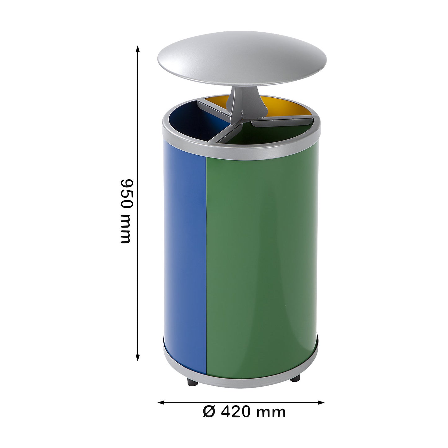 Recyclable waste collector, round, capacity 3 x 30 l, HxØ 950 x 420 mm, with hood, yellow, blue, green.