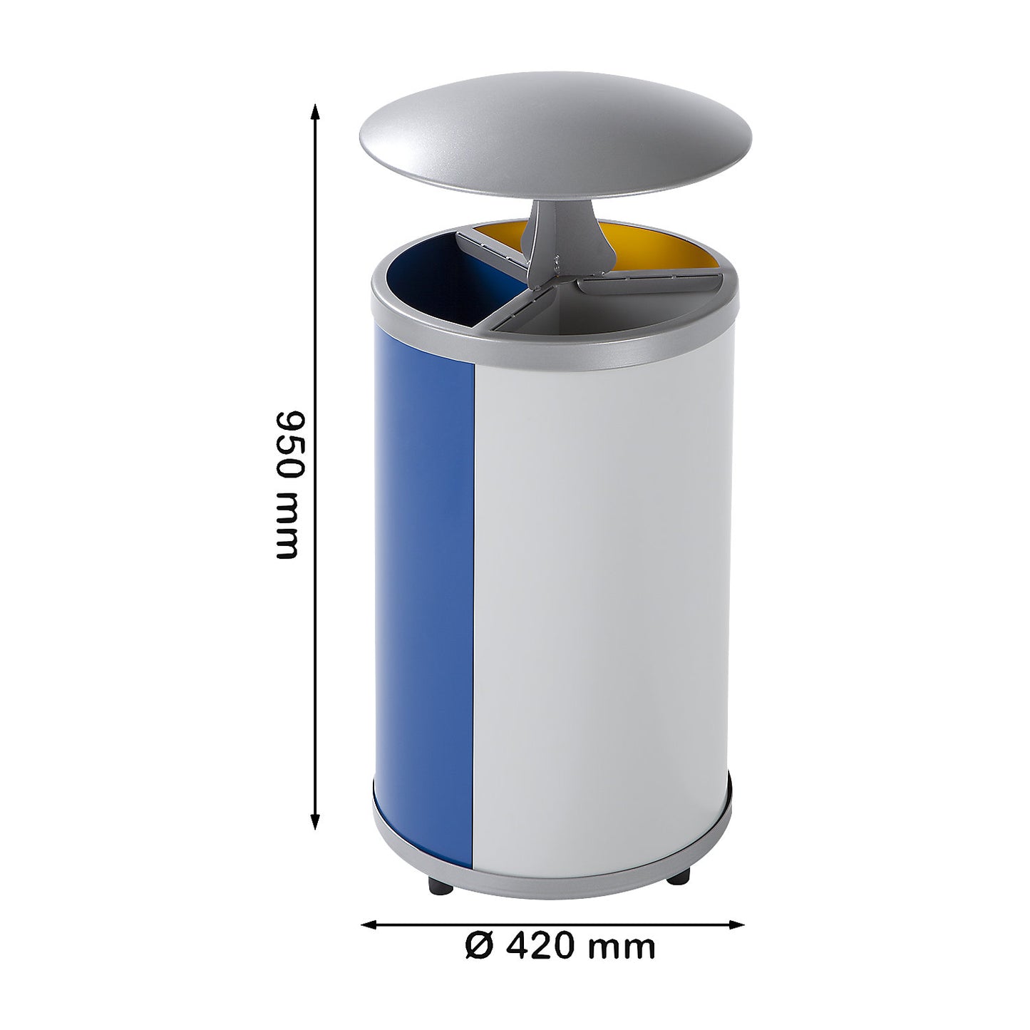 Recyclable waste collector, round, capacity 3 x 30 l, HxØ 950 x 420 mm, with hood, yellow, blue, grey.
