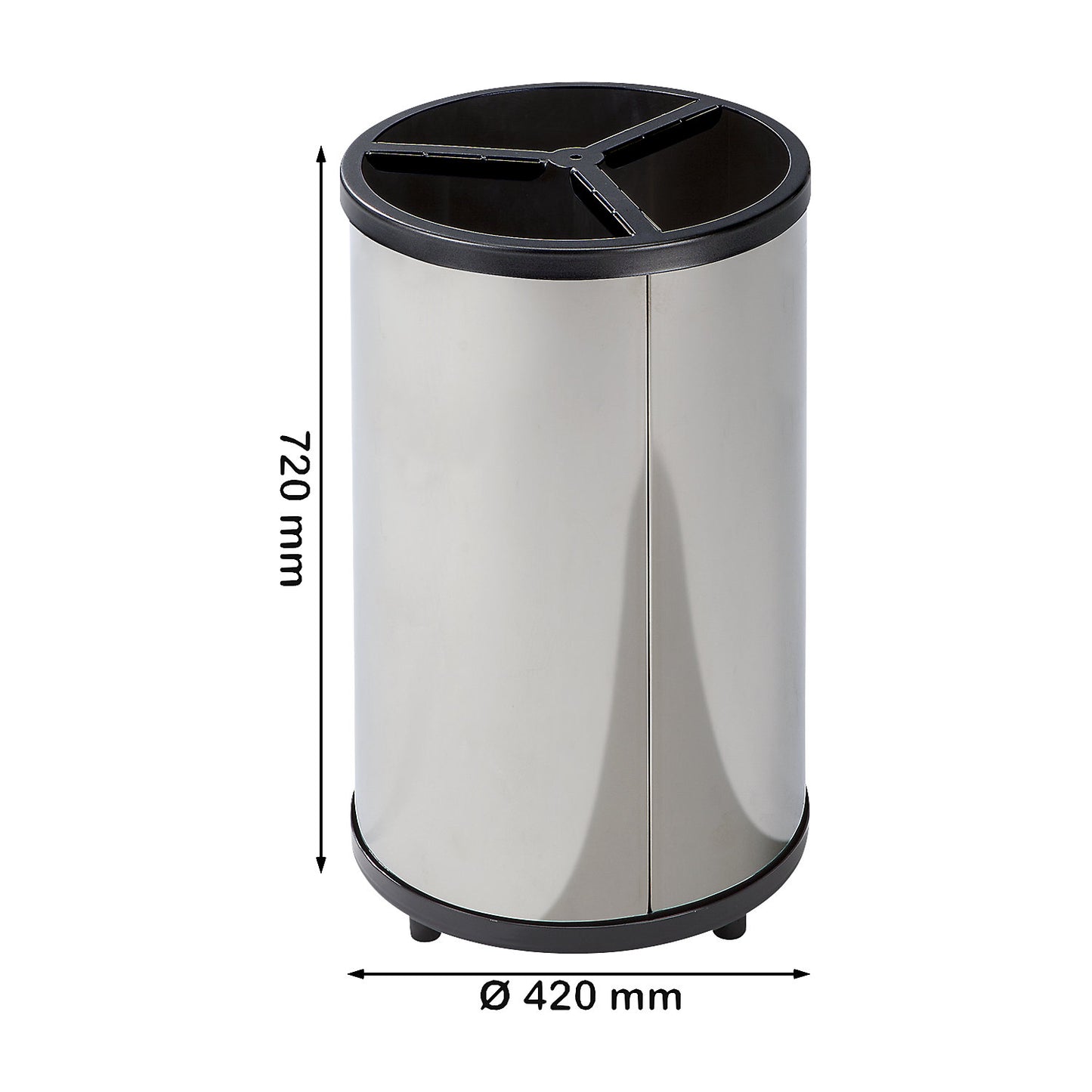 Recyclable waste collector, round, capacity 3 x 30 l, HxØ 720 x 420 mm, stainless steel, without hood.