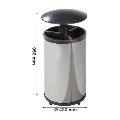 Recyclable waste collector, round, capacity 3 x 30 l, HxØ 720 x 420 mm, stainless steel, with hood.