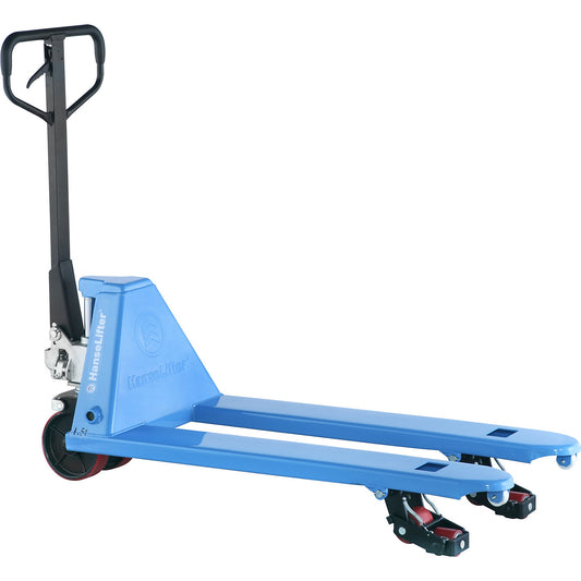 Four-way pallet truck, lifting range 85 - 200 mm, max. load 2500 kg.
