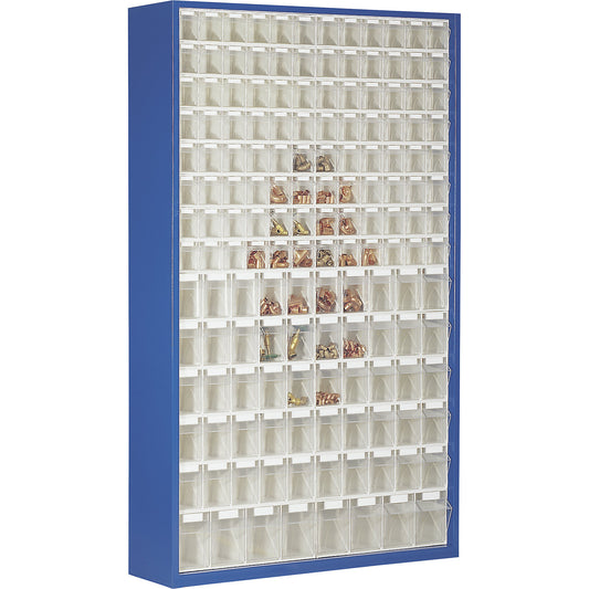 Sheet steel storage cupboard, with 154 transparent pull-out bins, gentian blue.