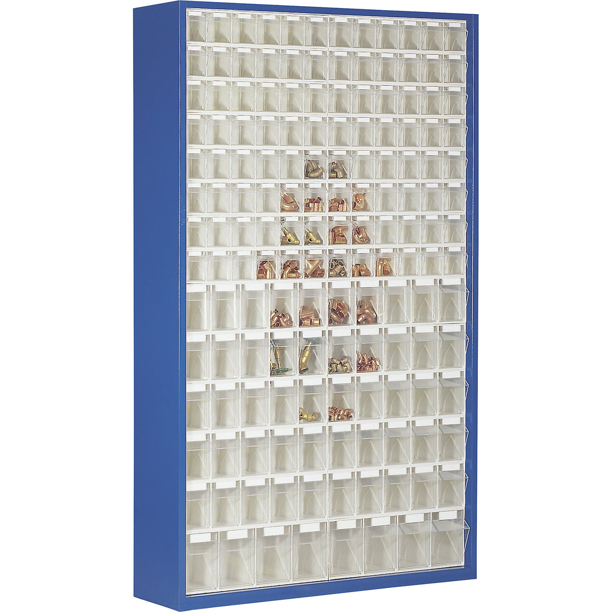Sheet steel storage cupboard, with 154 transparent pull-out bins, gentian blue.