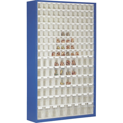 Sheet steel storage cupboard, with 154 transparent pull-out bins, gentian blue.