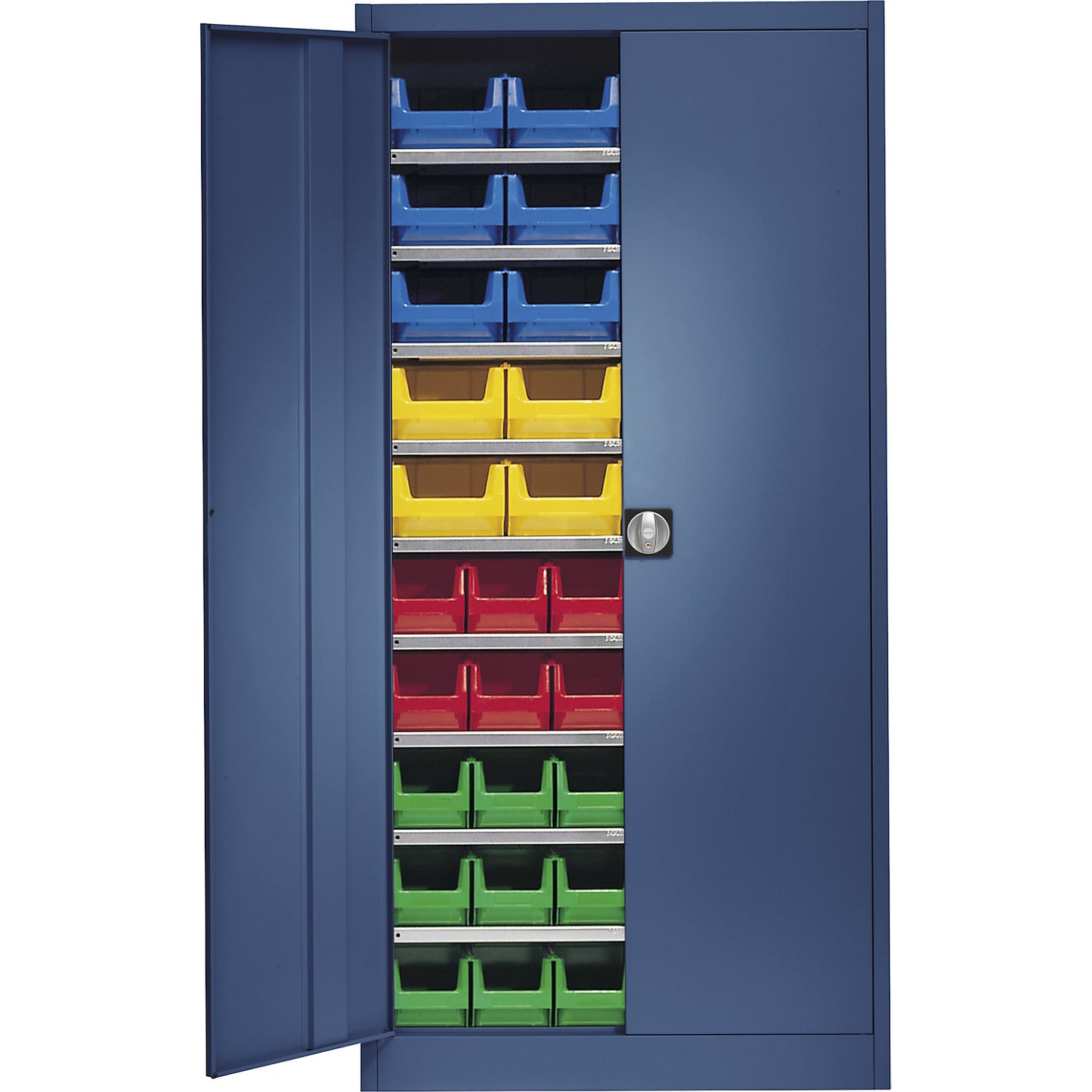 Storage cupboard, single colour, with 50 open fronted storage bins, 9 shelves, blue.