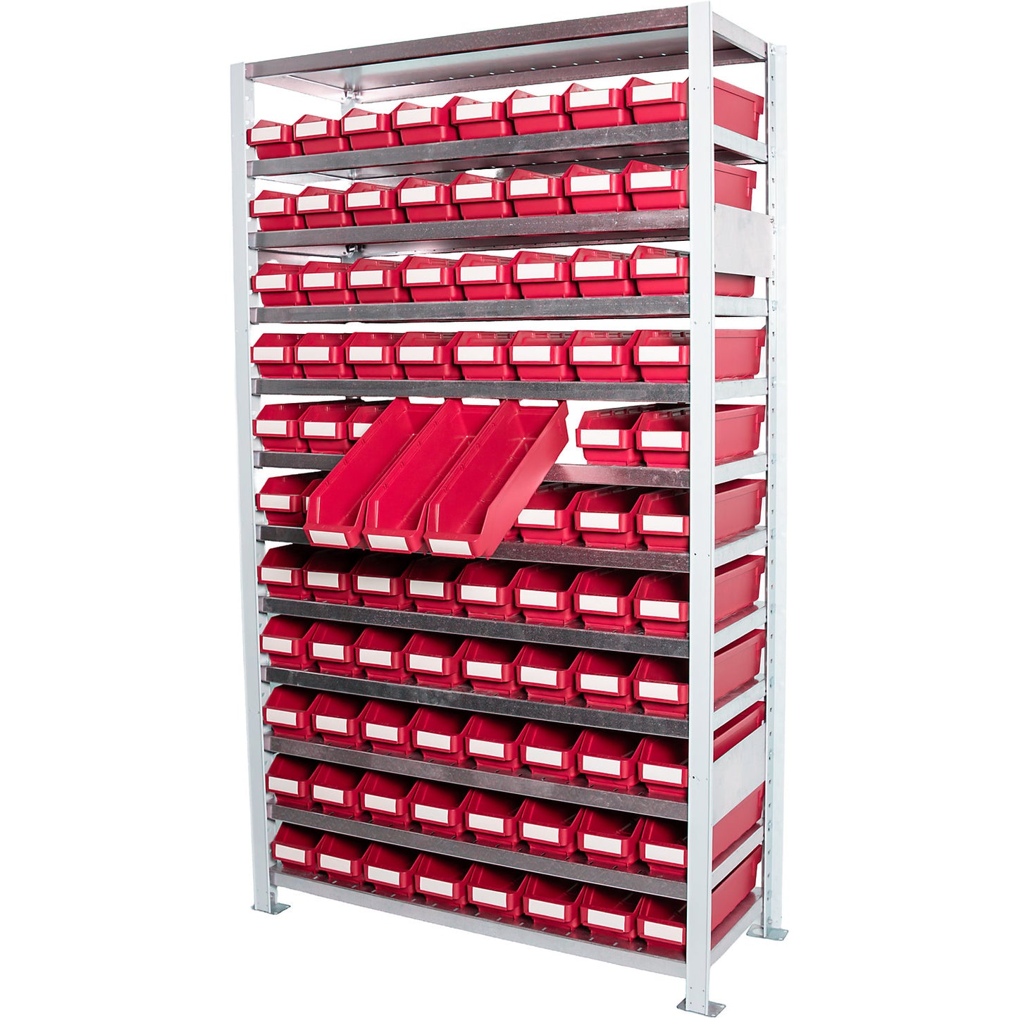 Boltless shelving unit with shelf bins, shelf unit height 1790 mm, basic shelf unit, depth 300 mm, 88 red bins.