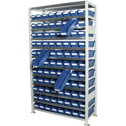 Boltless shelving unit with shelf bins, shelf unit height 1790 mm, basic shelf unit, depth 300 mm, 88 blue bins.