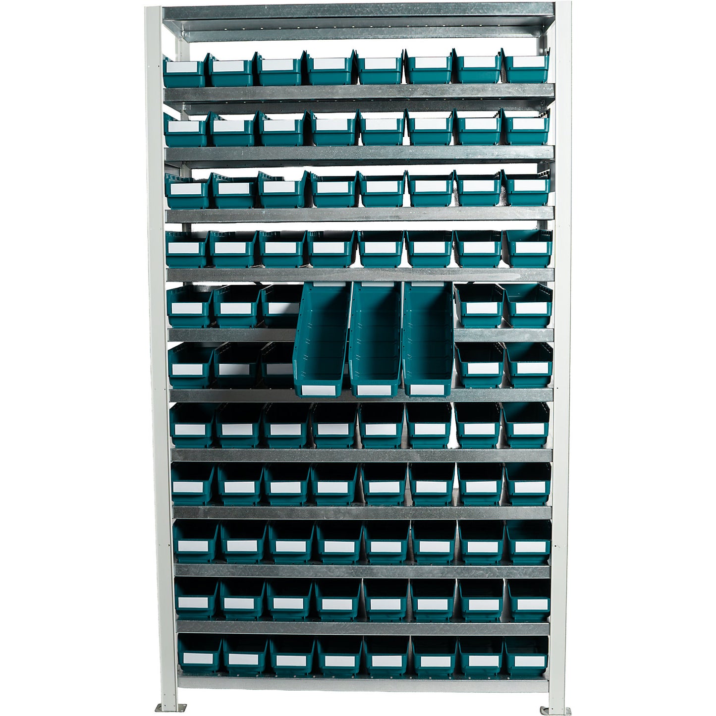 Boltless shelving unit with shelf bins, shelf unit height 1790 mm, basic shelf unit, depth 300 mm, 88 green bins.