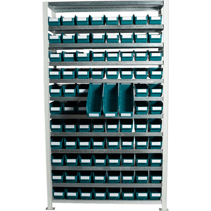 Boltless shelving unit with shelf bins, shelf unit height 1790 mm, basic shelf unit, depth 300 mm, 88 green bins.