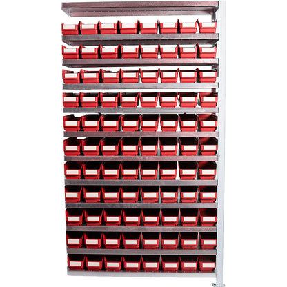 Boltless shelving unit with shelf bins, shelf unit height 1790 mm, extension shelf unit, depth 300 mm, 88 red bins.