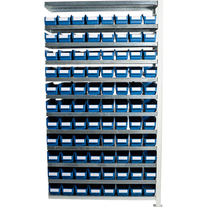 Boltless shelving unit with shelf bins, shelf unit height 1790 mm, extension shelf unit, depth 300 mm, 88 blue bins.