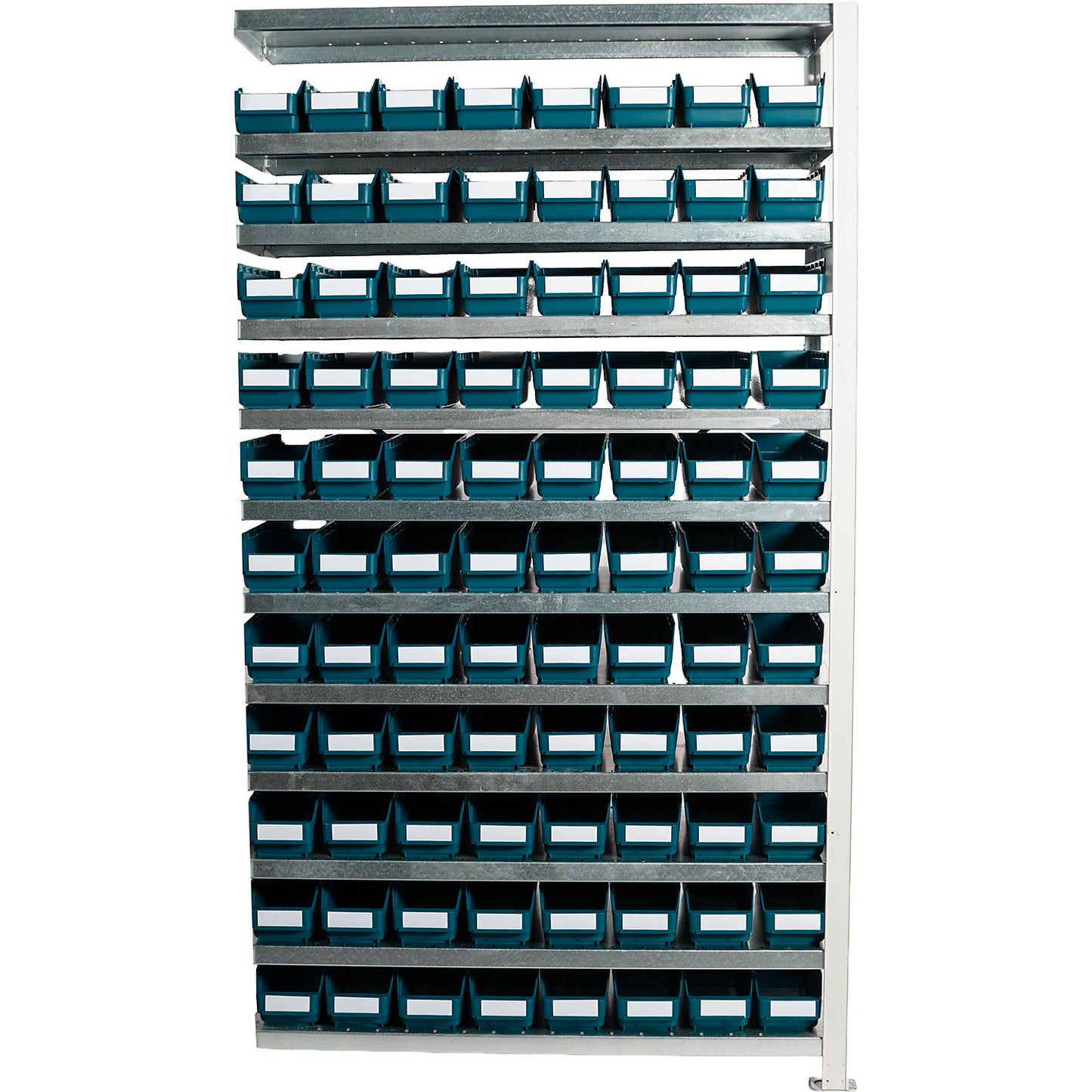 Boltless shelving unit with shelf bins, shelf unit height 1790 mm, extension shelf unit, depth 300 mm, 88 green bins.