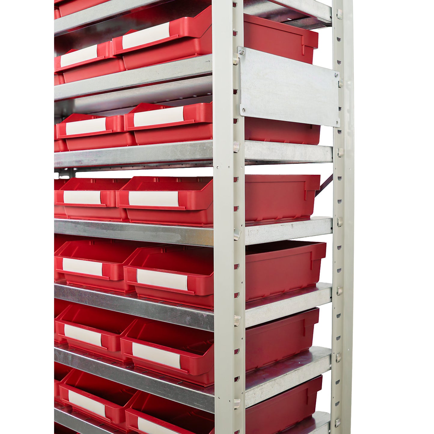 Boltless shelving unit with shelf bins, shelf unit height 1790 mm, basic shelf unit, depth 300 mm, 44 red bins.