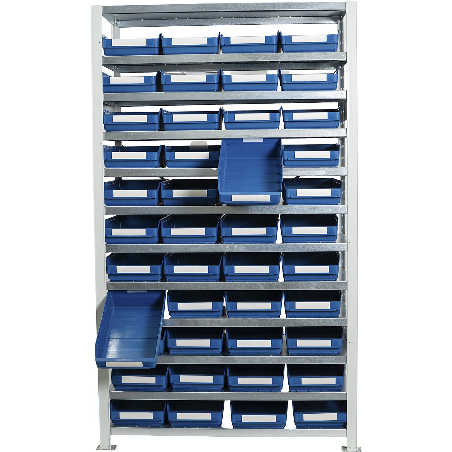 Boltless shelving unit with shelf bins, shelf unit height 1790 mm, basic shelf unit, depth 300 mm, 44 blue bins.