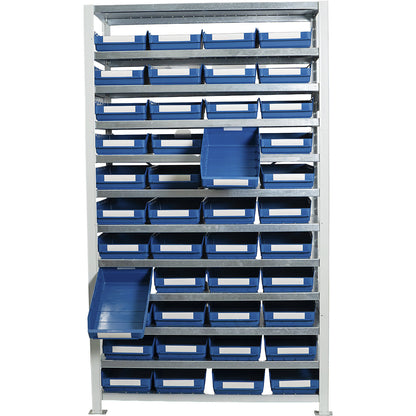 Boltless shelving unit with shelf bins, shelf unit height 1790 mm, basic shelf unit, depth 300 mm, 44 blue bins.