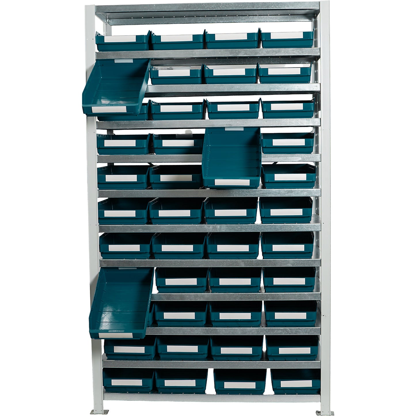 Boltless shelving unit with shelf bins, shelf unit height 1790 mm, basic shelf unit, depth 300 mm, 44 green bins.