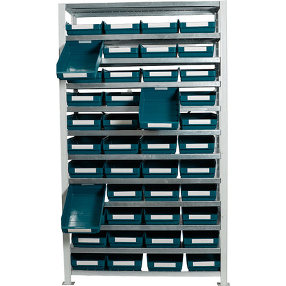 Boltless shelving unit with shelf bins, shelf unit height 1790 mm, basic shelf unit, depth 300 mm, 44 green bins.
