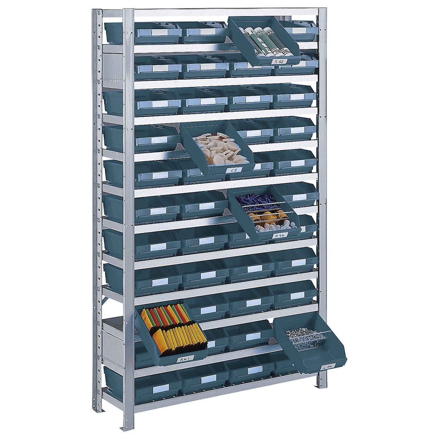 Boltless shelving unit with shelf bins, shelf unit height 1790 mm, extension shelf unit, depth 300 mm, 44 green bins.